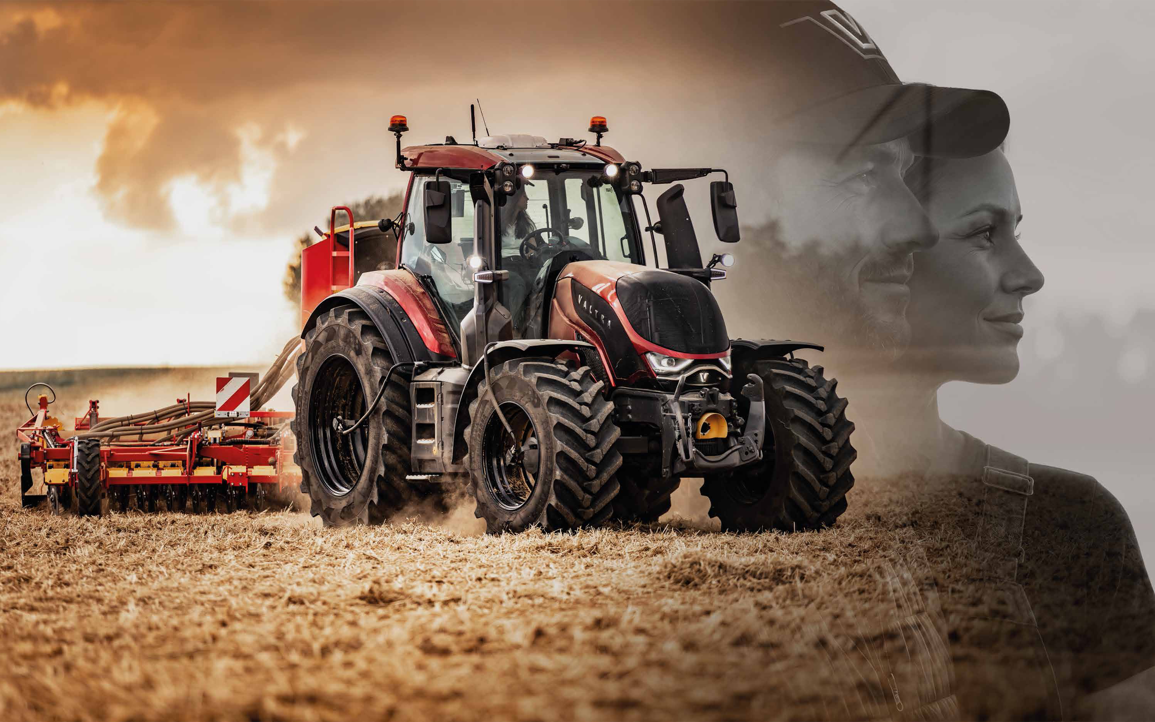 A large modern red tractor is driving across a harvested field, pulling agricultural equipment behind it. The scene shows expansive farmland under a muted sky, emphasizing rural and industrial activity. On the right side, a semi-transparent profile of a person wearing a cap is overlaid, suggesting human connection to farming technology. The overall composition blends machinery, landscape, and portrait elements in warm earthy tones.